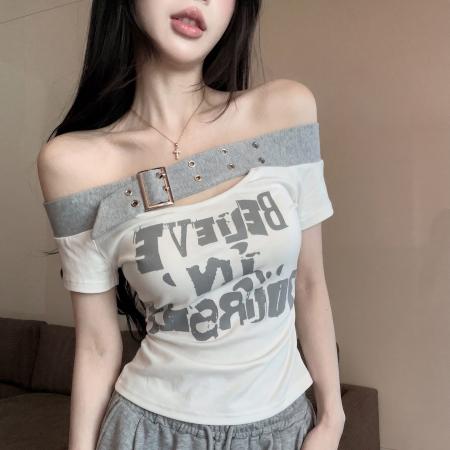 BY21940# 夏季新款一字肩绑带短袖字母印花T恤女修身显瘦上衣 服裝批發女裝批發服飾貨源