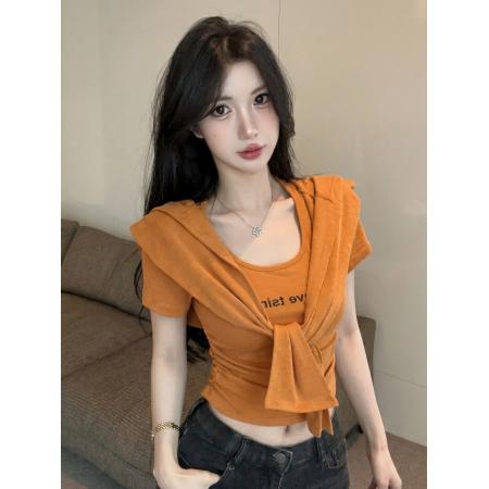 BY21942# 夏季新款时尚百搭圆领T恤女连帽披肩两件套装 服裝批發女裝批發服飾貨源