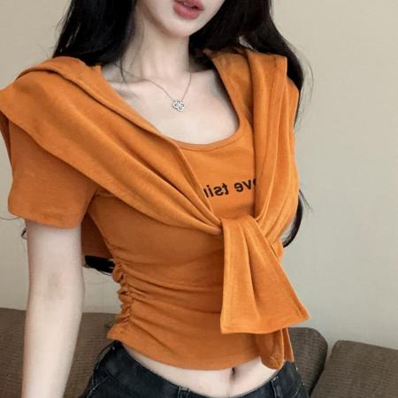 BY21942# 夏季新款时尚百搭圆领T恤女连帽披肩两件套装 服裝批發女裝批發服飾貨源