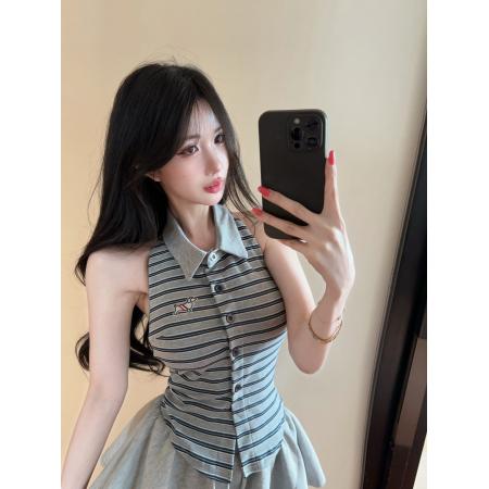 BY21944# 设计感polo领撞色条纹小狗刺绣挂脖背心显瘦T恤上衣 服裝批發女裝批發服飾貨源