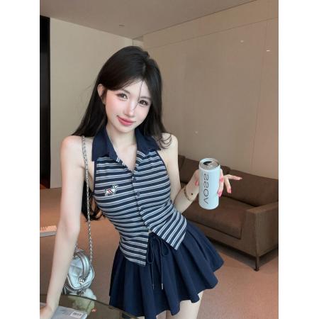 BY21944# 设计感polo领撞色条纹小狗刺绣挂脖背心显瘦T恤上衣 服裝批發女裝批發服飾貨源