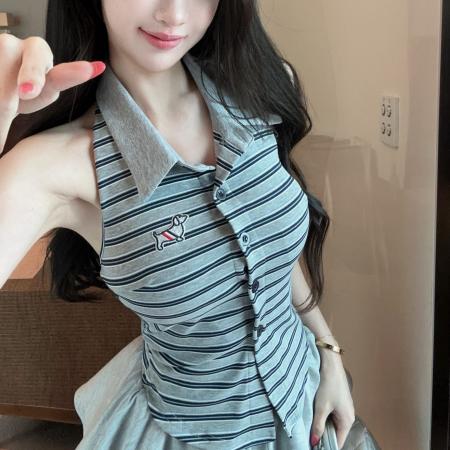 BY21944# 设计感polo领撞色条纹小狗刺绣挂脖背心显瘦T恤上衣 服裝批發女裝批發服飾貨源