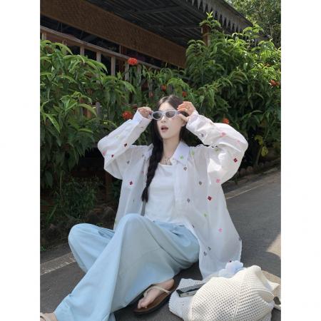 BY21948# 韩版重工彩色花朵刺绣衬衫女春夏宽松长袖上衣防晒薄外套 服裝批發女裝批發服飾貨源