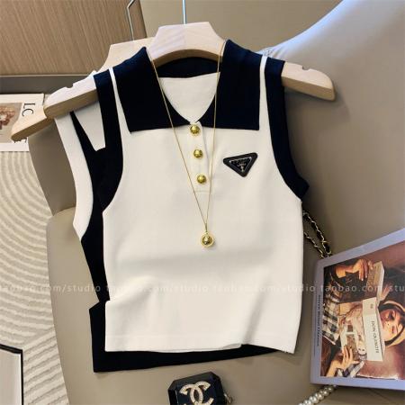 BY21950# 时尚潮流白色polo领五角星刺绣无袖针织背心女夏季百搭外 服裝批發女裝批發服飾貨源