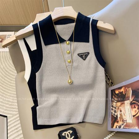 BY21950# 时尚潮流白色polo领五角星刺绣无袖针织背心女夏季百搭外 服裝批發女裝批發服飾貨源