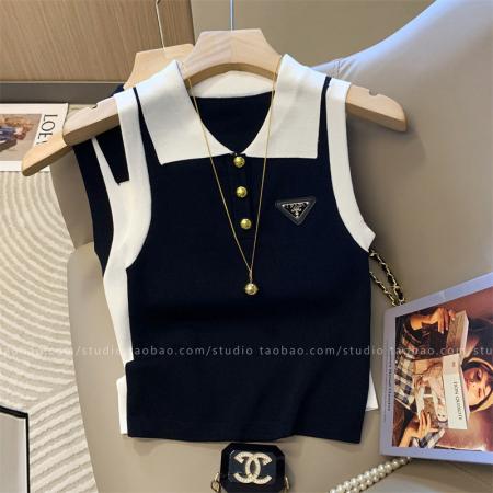 BY21950# 时尚潮流白色polo领五角星刺绣无袖针织背心女夏季百搭外 服裝批發女裝批發服飾貨源