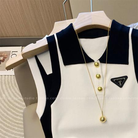 BY21950# 时尚潮流白色polo领五角星刺绣无袖针织背心女夏季百搭外 服裝批發女裝批發服飾貨源