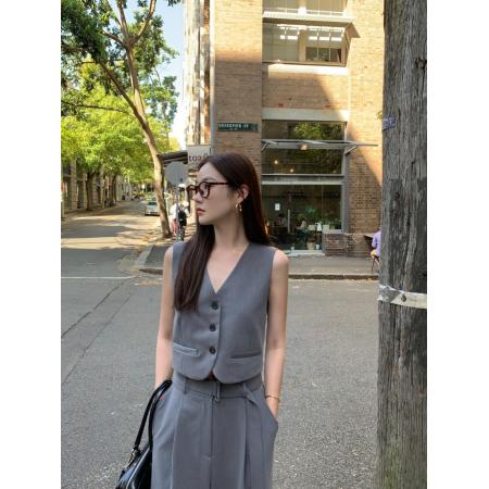 BY21952# 小众设计感系带短款背心马甲+高腰垂感阔腿休闲裤套装 服裝批發女裝批發服飾貨源