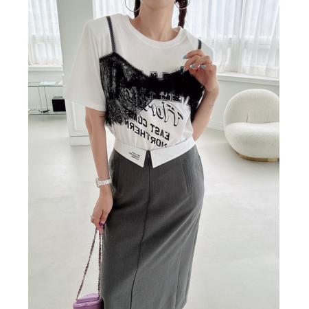 BY21955# 韩国东大门蕾丝拼接字母印花短袖T恤女 服裝批發女裝批發服飾貨源