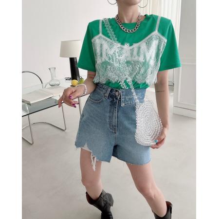 BY21955# 韩国东大门蕾丝拼接字母印花短袖T恤女 服裝批發女裝批發服飾貨源