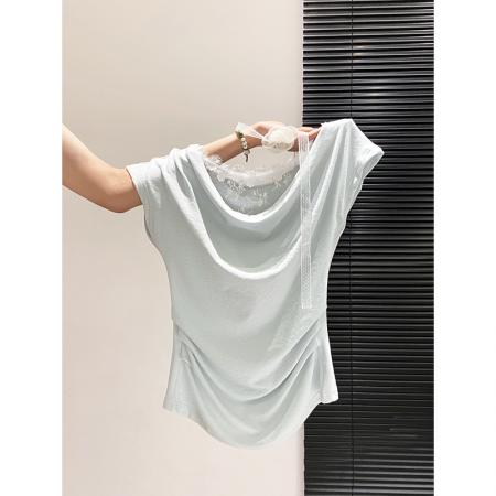 BY21957# 纯欲风蕾丝荡领短袖t恤女夏季新款修身显瘦假两件设计感打底上衣 服裝批發女裝批發服飾貨源