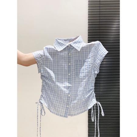 BY21958# 韩系格子抽绳收腰短袖衬衫女夏季新款辣妹风设计感显瘦翻领短上衣 服裝批發女裝批發服飾貨源