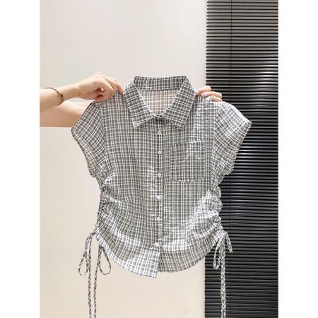 BY21958# 韩系格子抽绳收腰短袖衬衫女夏季新款辣妹风设计感显瘦翻领短上衣 服裝批發女裝批發服飾貨源