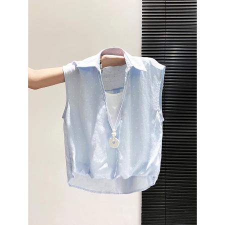 BY21959# 蓝色波点无袖假两件衬衫女夏季新款韩系慵懒休闲百搭显瘦外穿上衣 服裝批發女裝批發服飾貨源