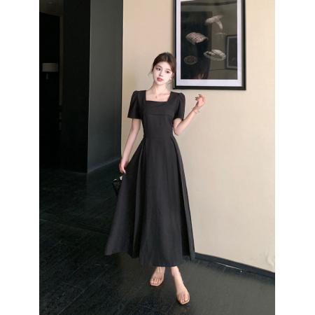BY21966# 大码女装夏新中式短袖方领法式收腰连衣裙微胖mm显瘦小黑裙 服裝批發女裝批發服飾貨源