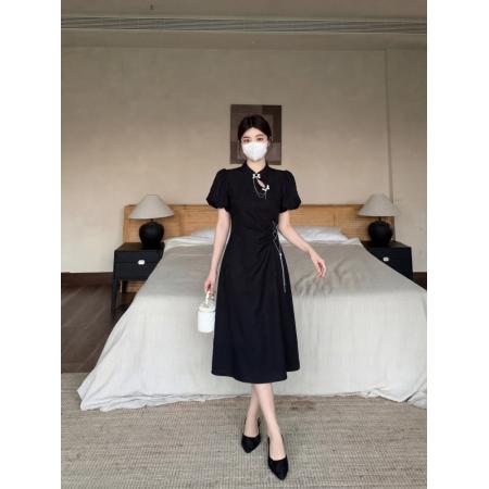 BY21968# 新中式改良旗袍裙泡泡袖连衣裙夏季大码胖mm收腰遮肚国风气质长裙 服裝批發女裝批發服飾貨源