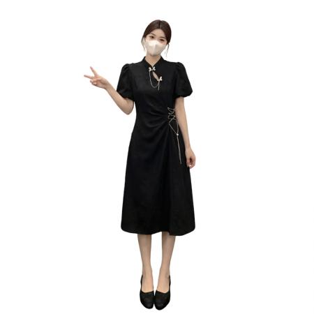 BY21968# 新中式改良旗袍裙泡泡袖连衣裙夏季大码胖mm收腰遮肚国风气质长裙 服裝批發女裝批發服飾貨源