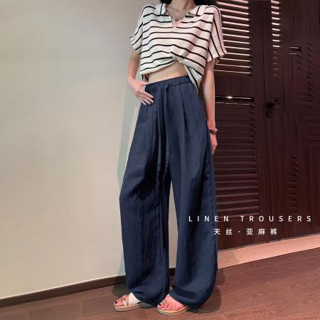 BY21970# 藏青色冰丝阔腿裤女夏季薄款新款莱赛尔天丝垂感亚麻弯刀裤子 服裝批發女裝批發服飾貨源