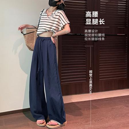 BY21970# 藏青色冰丝阔腿裤女夏季薄款新款莱赛尔天丝垂感亚麻弯刀裤子 服裝批發女裝批發服飾貨源