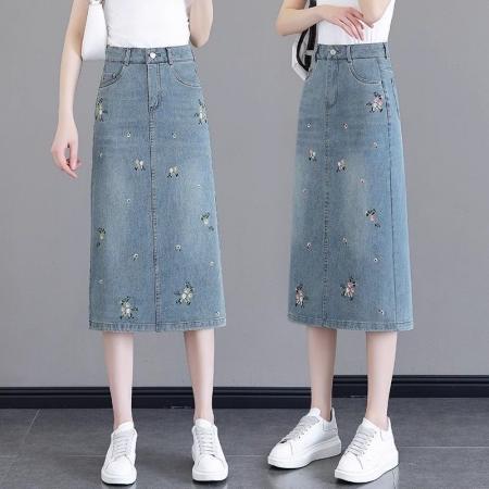 BY21997# 时尚刺绣牛仔半身裙女夏季新款高腰国风中长款碎花包臀裙子 服裝批發女裝批發服飾貨源