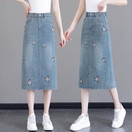 BY21997# 时尚刺绣牛仔半身裙女夏季新款高腰国风中长款碎花包臀裙子 服裝批發女裝批發服飾貨源
