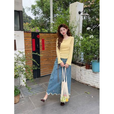 BY21998# 复古刺绣牛仔半身裙女春季新款大码胖mm高腰显瘦中长款a字裙 服裝批發女裝批發服飾貨源