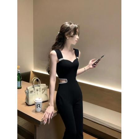 BY22000# 独特漂亮绝美吊带裤轻熟小众不撞款小香风休闲气质黑色背心连体裤 服裝批發女裝批發服飾貨源