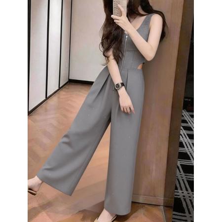 BY22002# 灰色无袖连体裤女夏季烫钻高腰阔腿裤通勤连衣裤显瘦气质穿搭 服裝批發女裝批發服飾貨源
