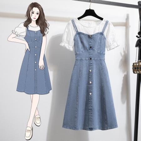 BY22011# 牛仔背带连衣裙女春夏拼色花边做旧宽松直筒H型中长裙子 服裝批發女裝批發服飾貨源