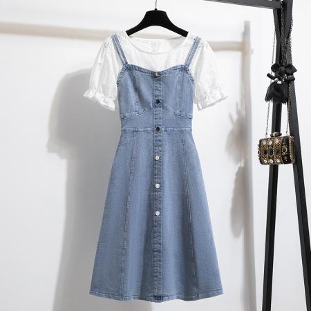 BY22011# 牛仔背带连衣裙女春夏拼色花边做旧宽松直筒H型中长裙子 服裝批發女裝批發服飾貨源
