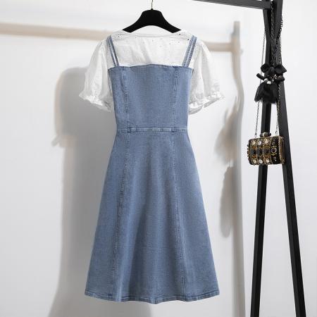BY22011# 牛仔背带连衣裙女春夏拼色花边做旧宽松直筒H型中长裙子 服裝批發女裝批發服飾貨源