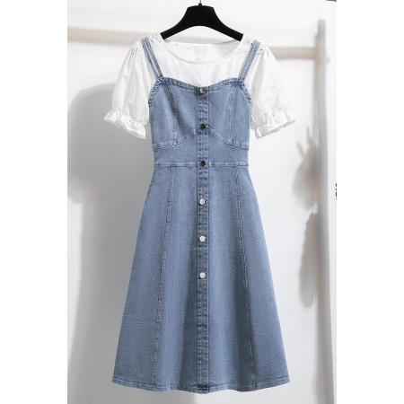 BY22011# 牛仔背带连衣裙女春夏拼色花边做旧宽松直筒H型中长裙子 服裝批發女裝批發服飾貨源