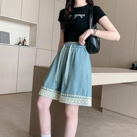 BY22023# 夏新款大码女装胖MM宽松阔腿韩版蕾丝花边五分短裤 服裝批發女裝批發服飾貨源