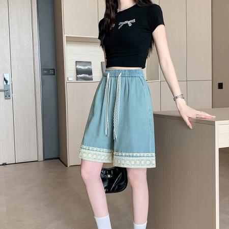 BY22023# 夏新款大码女装胖MM宽松阔腿韩版蕾丝花边五分短裤 服裝批發女裝批發服飾貨源