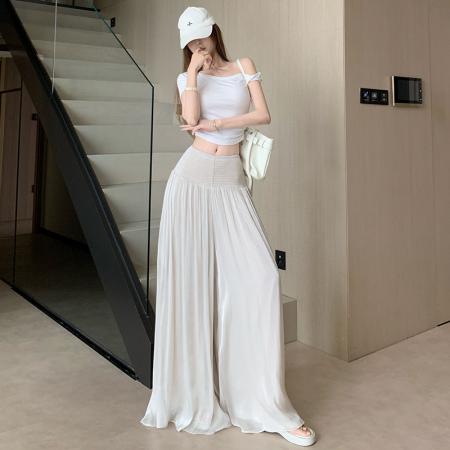 BY22030# 高级感天丝米杏色优雅轻盈裤裙女夏季灵动丝滑垂感高腰休闲阔腿裤 服裝批發女裝批發服飾貨源