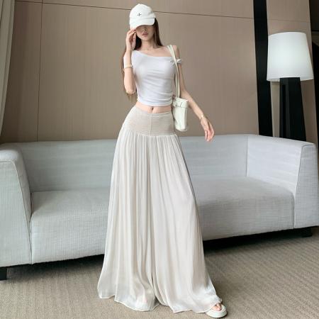 BY22030# 高级感天丝米杏色优雅轻盈裤裙女夏季灵动丝滑垂感高腰休闲阔腿裤 服裝批發女裝批發服飾貨源