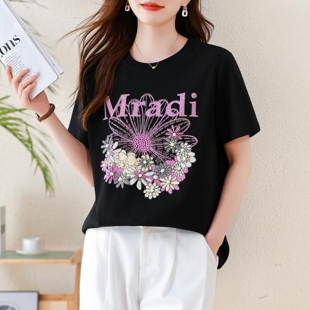 BY22132# 时尚烫钻印花短袖T恤女夏季大码上衣欧货新款休闲女装 服裝批發女裝批發服飾貨源