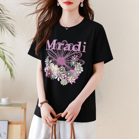 BY22132# 时尚烫钻印花短袖T恤女夏季大码上衣欧货新款休闲女装 服裝批發女裝批發服飾貨源
