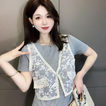 夏新款蕾丝拼接假两件女时尚洋气设计感百搭上衣宽松显瘦短袖 服裝批發女裝批發服飾貨源