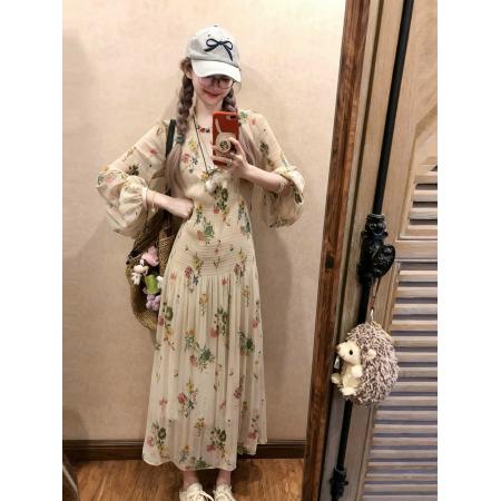 现现大码女装夏季新款法式印花连衣裙压褶雪纺度假两件套 服裝批發女裝批發服飾貨源