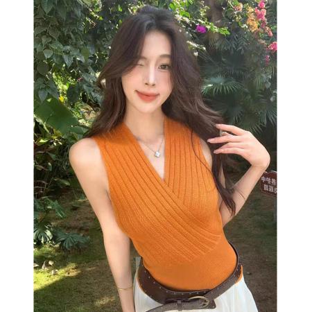 BY22148# 纯欲辣妹交叉v领无袖吊带针织衫夏季设计感收腰显瘦百搭上衣 服裝批發女裝批發服飾貨源