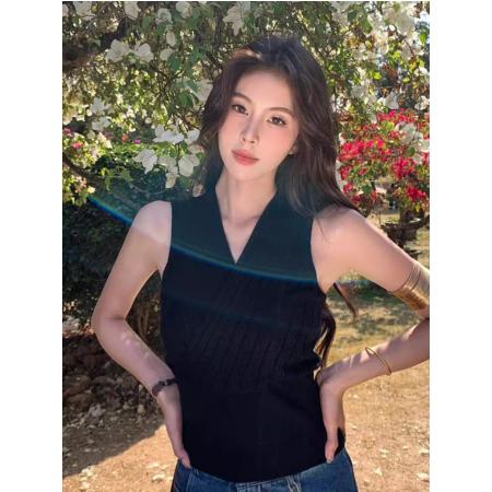 BY22148# 纯欲辣妹交叉v领无袖吊带针织衫夏季设计感收腰显瘦百搭上衣 服裝批發女裝批發服飾貨源