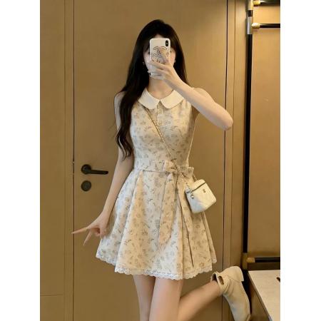 BY22150# 甜美蝴蝶结绑带收腰碎花连衣裙女夏日绝美小裙子少女感漂 服裝批發女裝批發服飾貨源