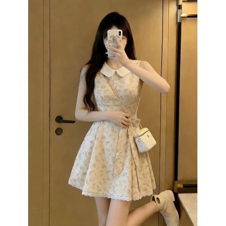 BY22150# 甜美蝴蝶结绑带收腰碎花连衣裙女夏日绝美小裙子少女感漂 服裝批發女裝批發服飾貨源