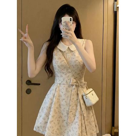 BY22150# 甜美蝴蝶结绑带收腰碎花连衣裙女夏日绝美小裙子少女感漂 服裝批發女裝批發服飾貨源