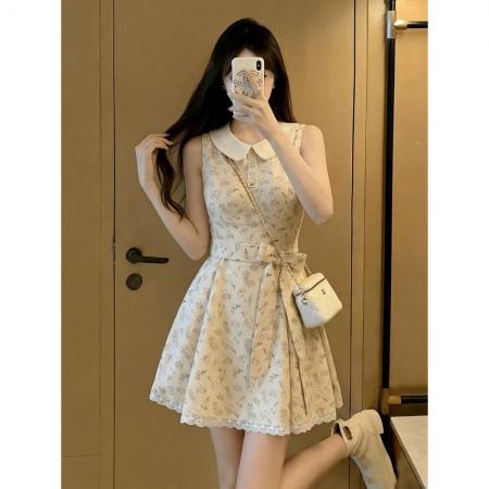 BY22150# 甜美蝴蝶结绑带收腰碎花连衣裙女夏日绝美小裙子少女感漂 服裝批發女裝批發服飾貨源