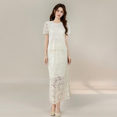 夏季爆款温柔优雅淑女圆领蕾丝宽松百搭两件套装裙 服裝批發女裝批發服飾貨源