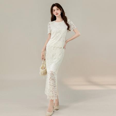 BY22157# 夏季爆款温柔优雅淑女圆领蕾丝宽松百搭两件套装裙 服裝批發女裝批發服飾貨源