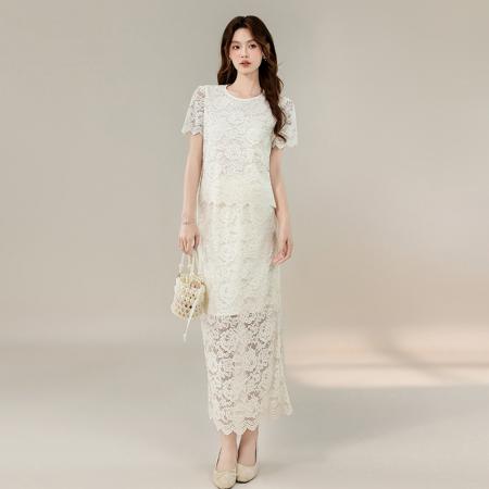 BY22157# 夏季爆款温柔优雅淑女圆领蕾丝宽松百搭两件套装裙 服裝批發女裝批發服飾貨源