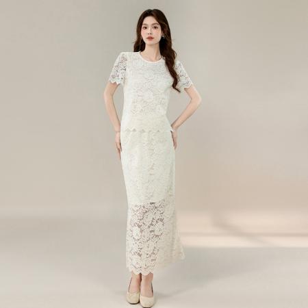 BY22157# 夏季爆款温柔优雅淑女圆领蕾丝宽松百搭两件套装裙 服裝批發女裝批發服飾貨源